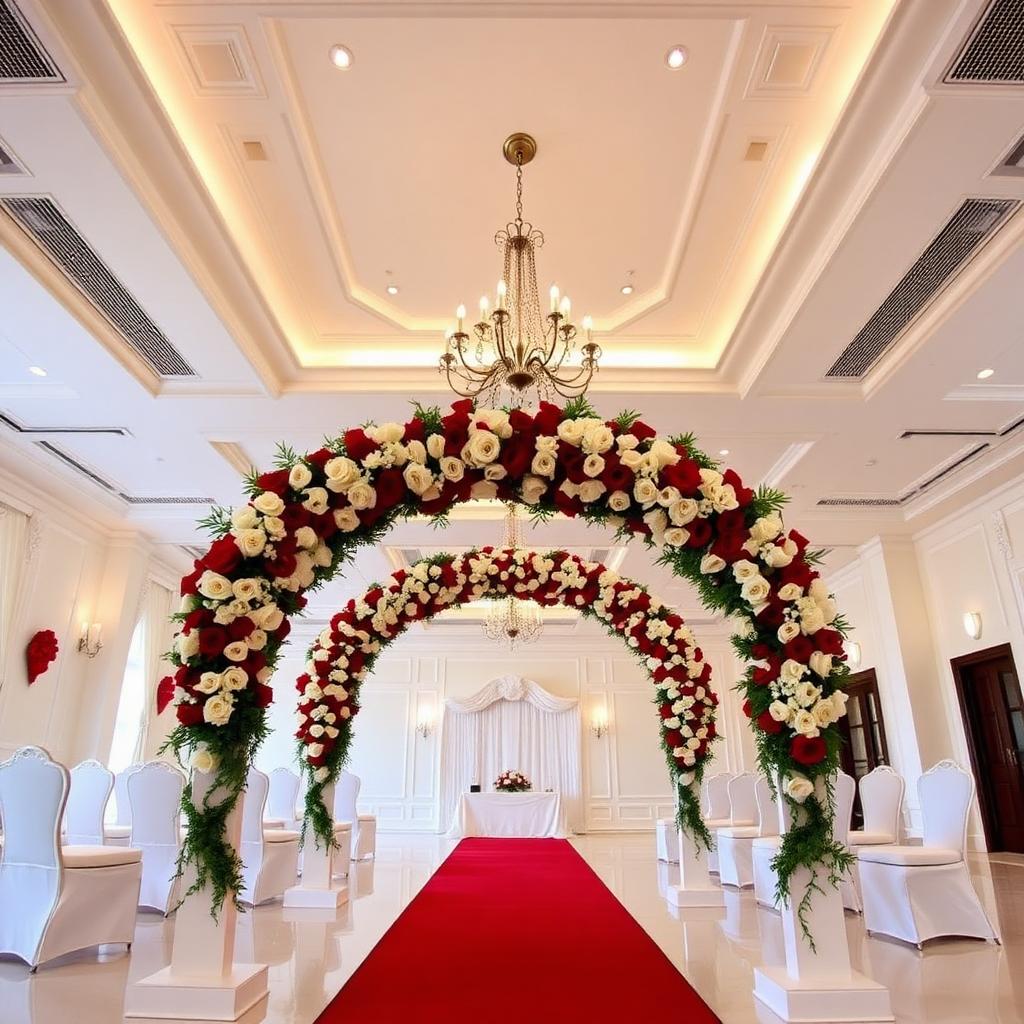 White ballroom with red carpet aisle and red-and-white rose arch