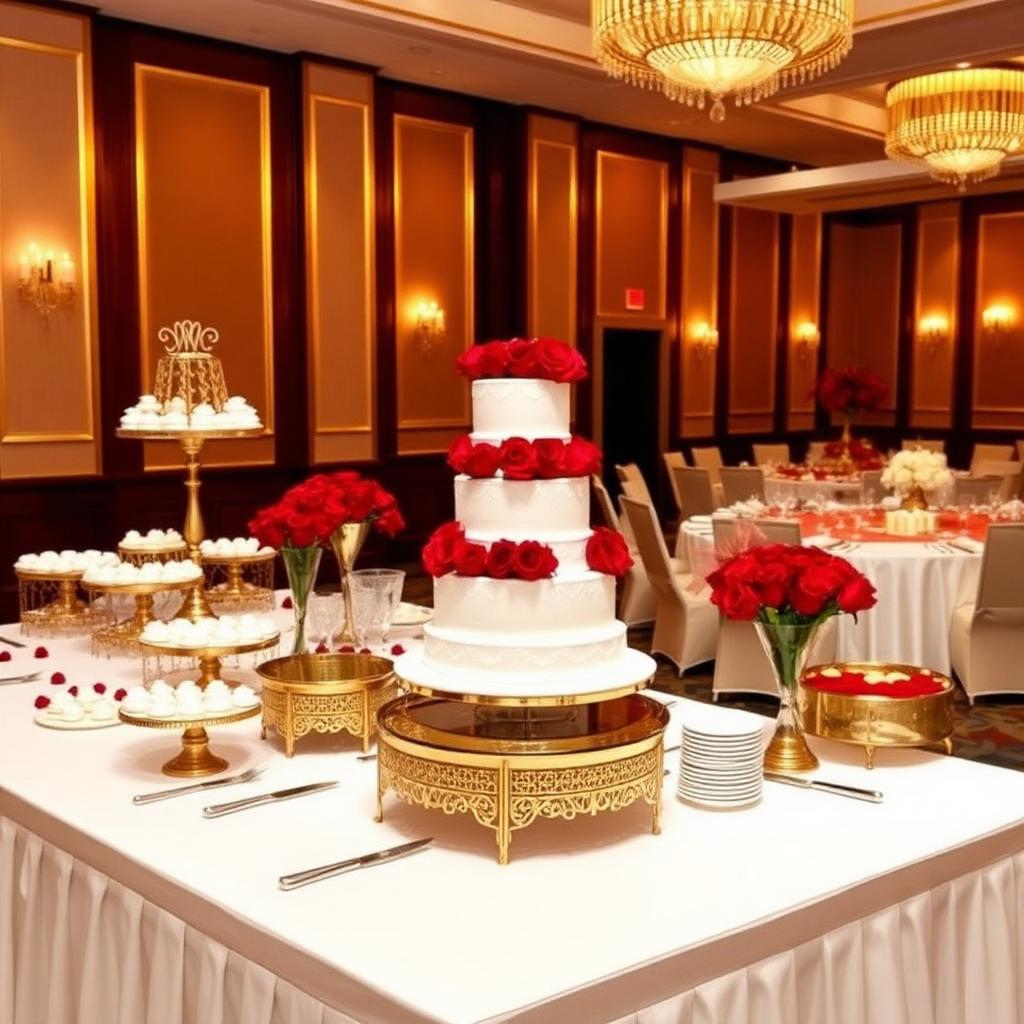 Tiered white wedding cake with red roses on dessert table