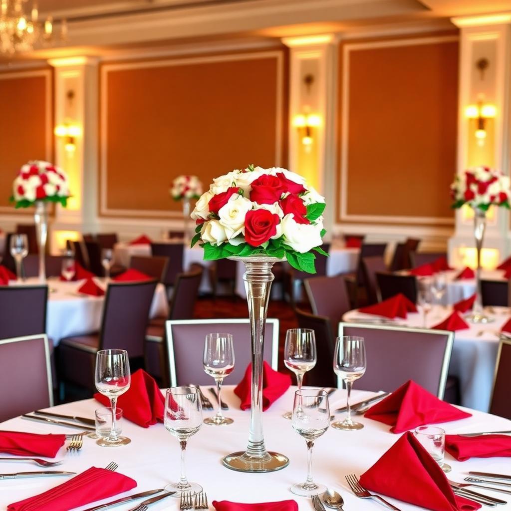 White and red themed banquet dining setup with rose centerpieces