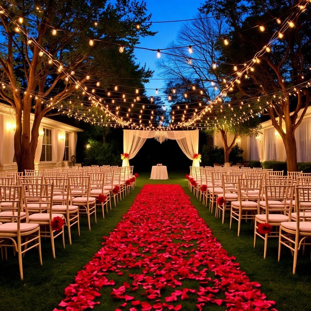 Evening outdoor ceremony with fairy lights and red rose petal aisle