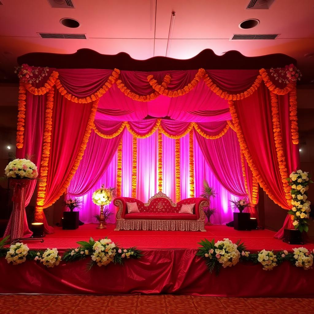 Sangeet night stage with red drapes and marigold garlands
