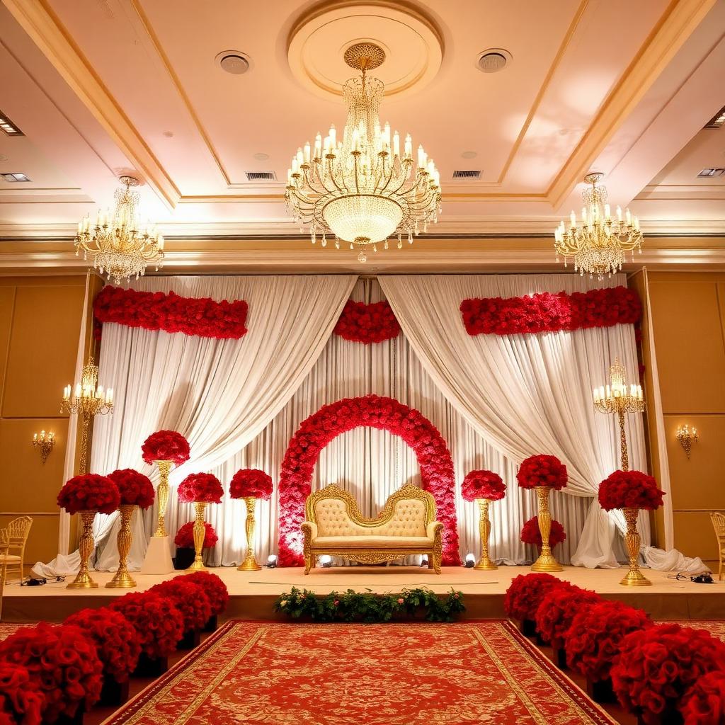 Red and white rose wedding stage with golden chandeliers